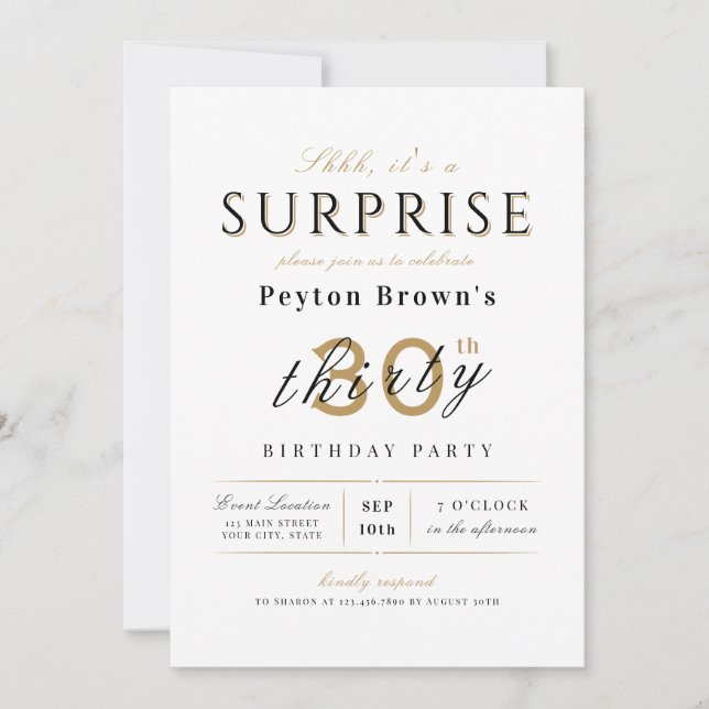 Elegant modern classy surprise 30th birthday invitation (Front)