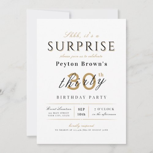 Elegant modern classy surprise 30th birthday invitation