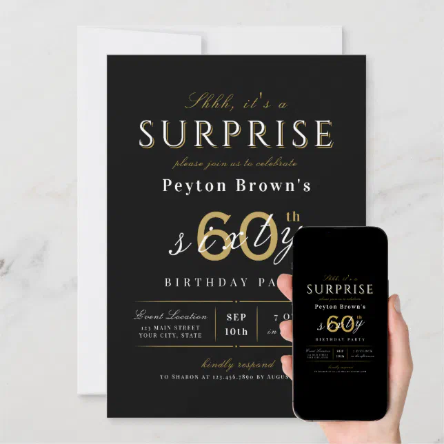 Elegant modern classy surprise 60th birthday invit invitation | Zazzle