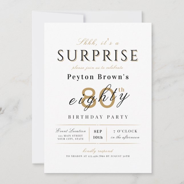 Elegant modern classy surprise 80th birthday invitation (Front)