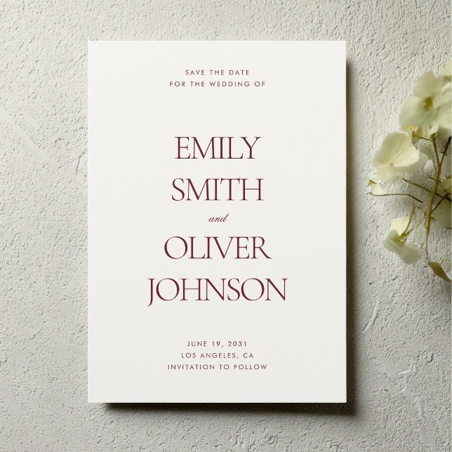 Elegant Modern Clean Burgundy Red Wedding Save The Date (Minimalist burgundy red wedding save the date card with modern serif typography)