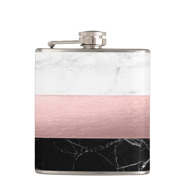 elegant modern clear black white marble rose gold flask (Front)