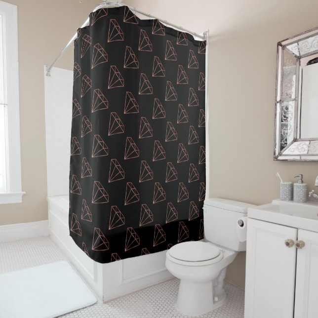 elegant modern clear faux rose gold diamond black shower curtain (In Situ)
