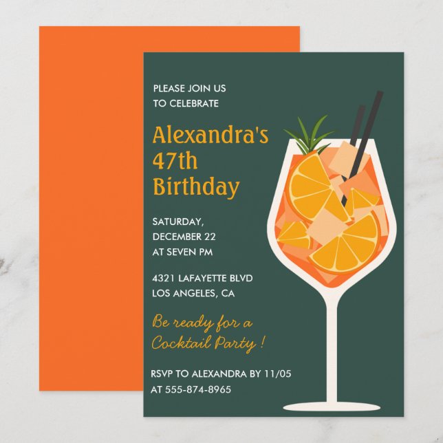 Elegant Modern Cocktail 47th birthday invitations  (Front/Back)