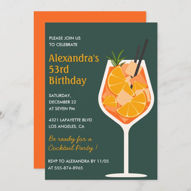 Elegant Modern Cocktail 53rd birthday invitations  (Front/Back)
