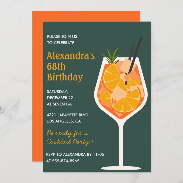 Elegant Modern Cocktail 68th birthday invitations  (Front/Back)