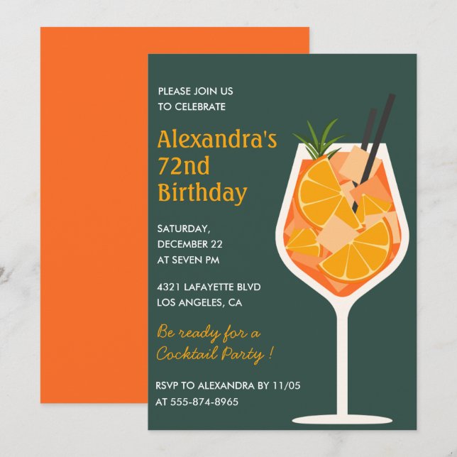 Elegant Modern Cocktail 72nd birthday invitations  (Front/Back)