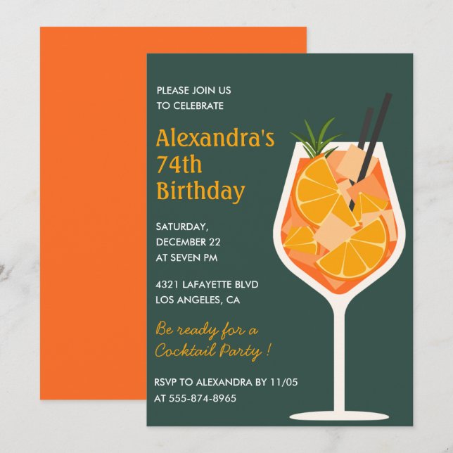 Elegant Modern Cocktail 74th birthday invitations  (Front/Back)