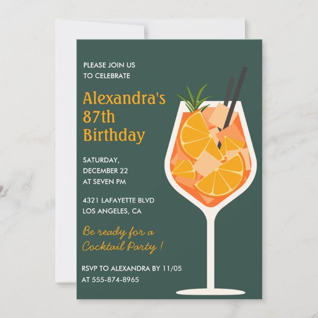 Elegant Modern Cocktail 87th birthday Invitation (Front)