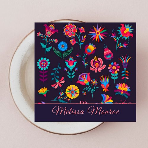 Elegant Modern Colorful Botanical Flowers Script  Square Business Card