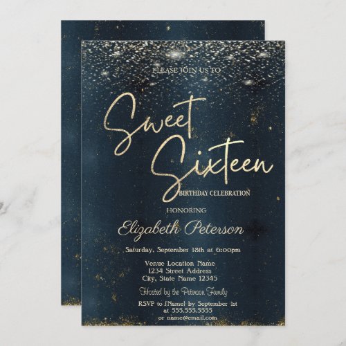 Elegant Modern Confetti Dark Blue Sweet 16 Invitation