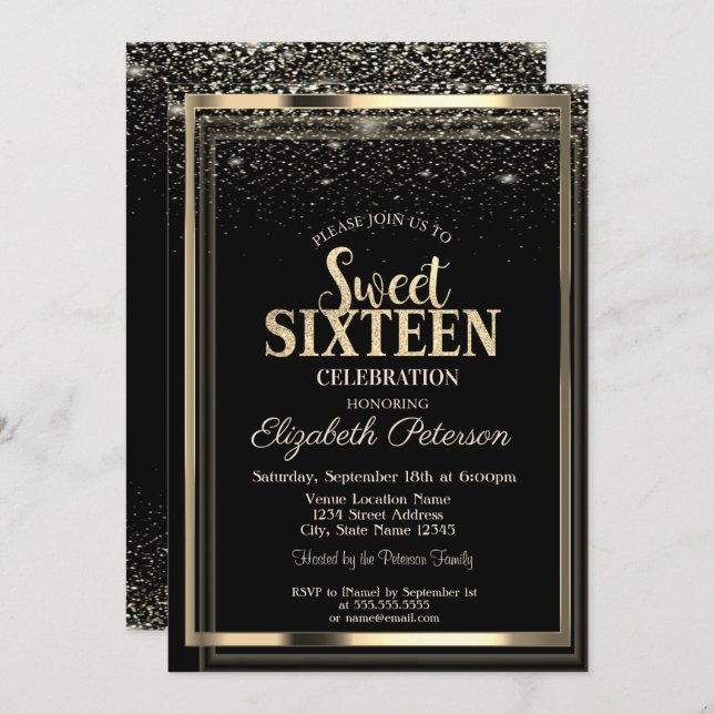Elegant Modern Confetti Gold Frame Sweet 16 Invitation (Front/Back)