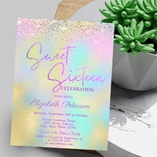 Elegant Modern Confetti Holographic Sweet 16 Invitation