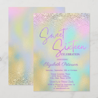 Elegant Modern Confetti Holographic  Sweet 16 Invitation