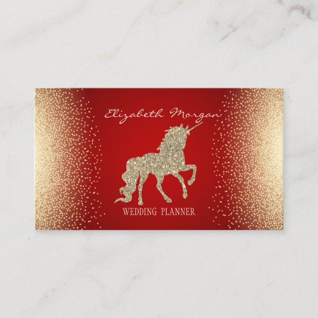Elegant Modern Confetti Red Gold Glitter Unicorn Business Card (Front)