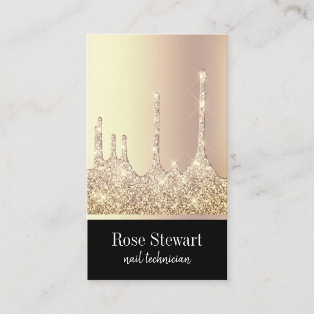 Elegant modern copper gold glitter drips nails business card (Front)