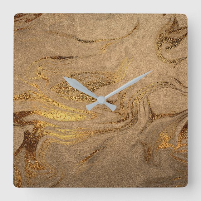 Elegant modern copper gold marble look square wall clock (Front)
