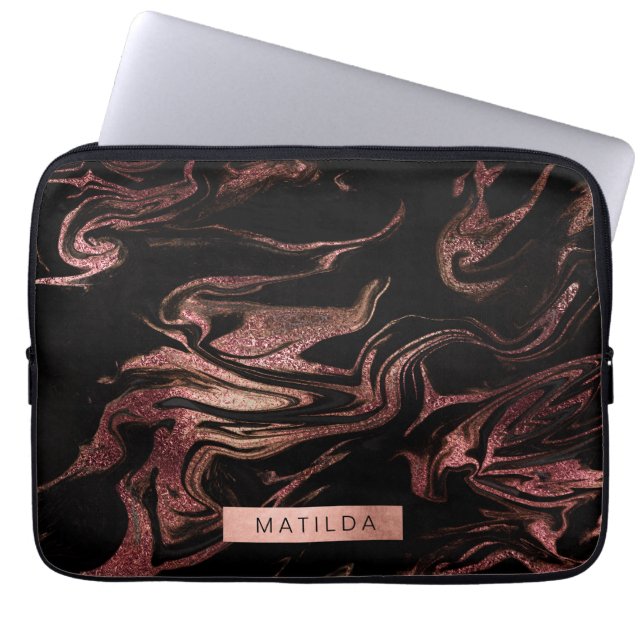 Elegant modern copper rose gold black marble look laptop sleeve (Front)