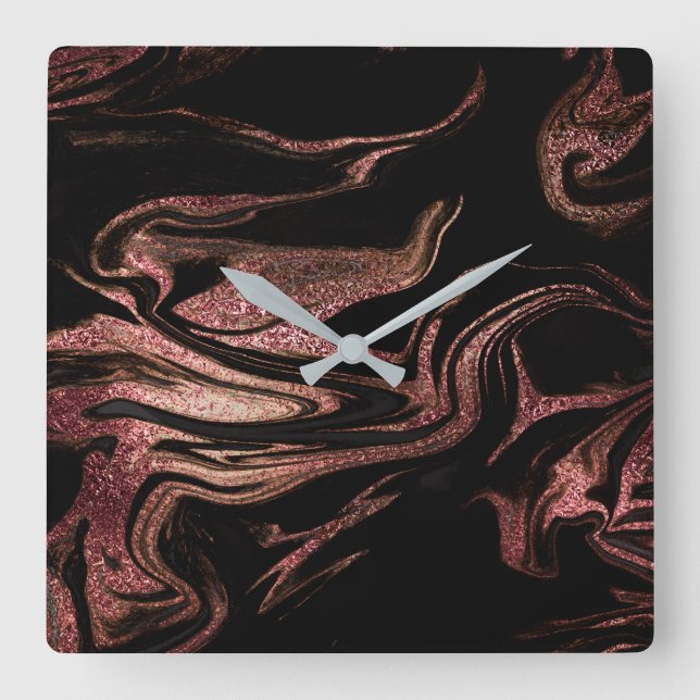 Elegant modern copper rose gold black marble look square wall clock (Front)