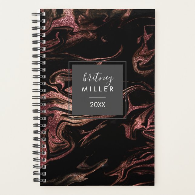 Elegant modern copper rose gold black marble planner (Front)