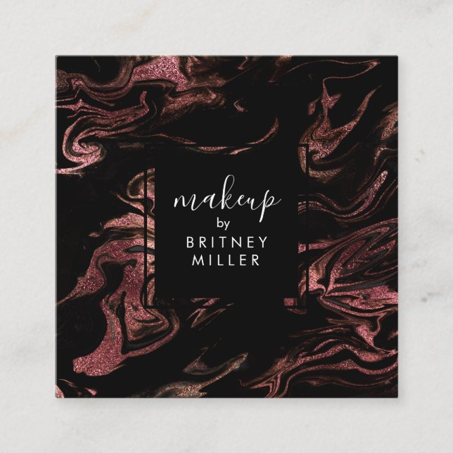 Elegant modern copper rose gold black marble square business card (Front)