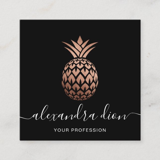 Elegant modern copper rose gold black pineapple square business card (Front)