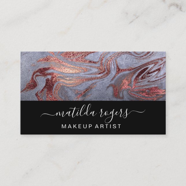 Elegant modern copper rose gold blue marble business card (Front)