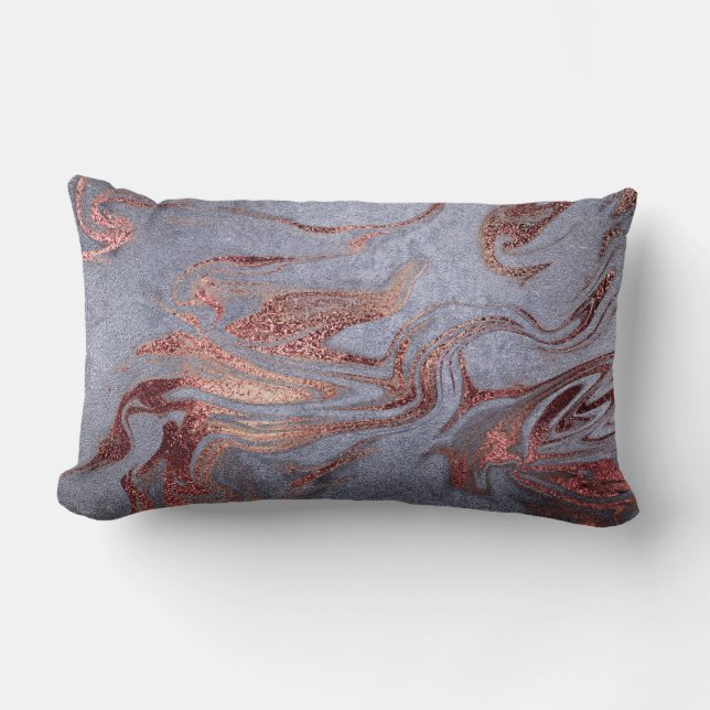 Elegant modern copper rose gold blue marble look lumbar pillow (Front)
