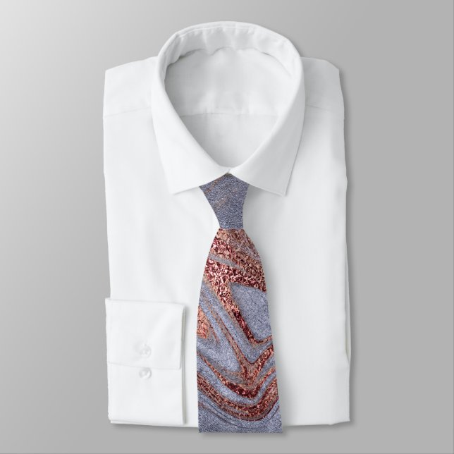 Elegant modern copper rose gold blue marble look neck tie (Tied)