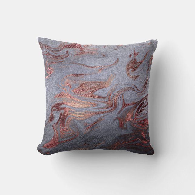 Elegant modern copper rose gold blue marble look throw pillow (Front)