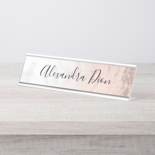 Elegant modern copper rose gold glitter marble desk name plate