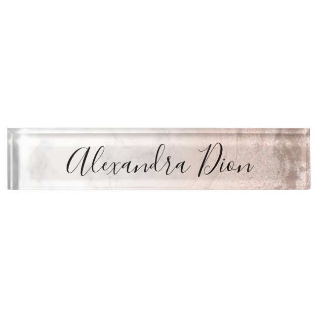 Elegant modern copper rose gold glitter marble desk name plate (Front)