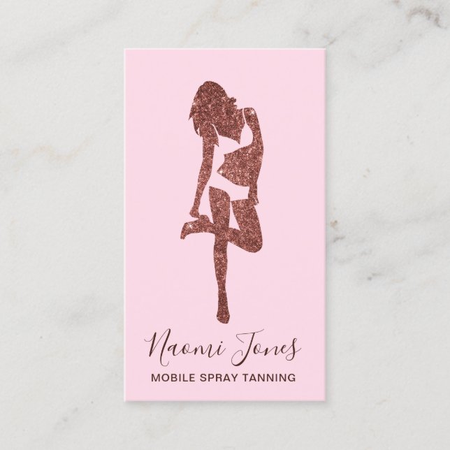 Elegant modern copper rose gold glitter spray tans business card (Front)