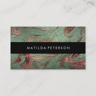Elegant modern copper rose gold green marble look business card