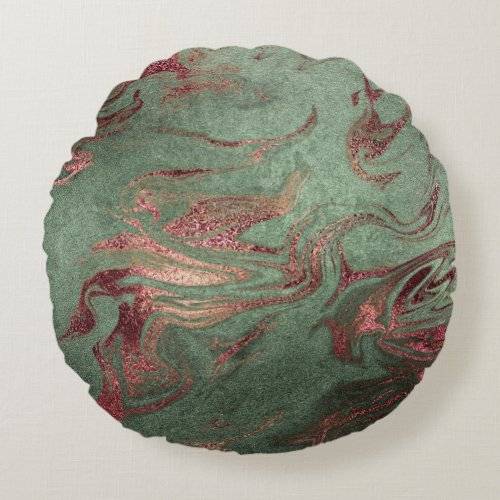 Elegant modern copper rose gold green marble look round pillow