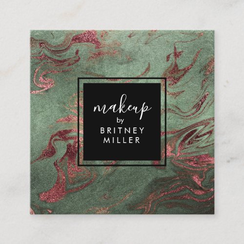 Elegant modern copper rose gold green marble look square business card
