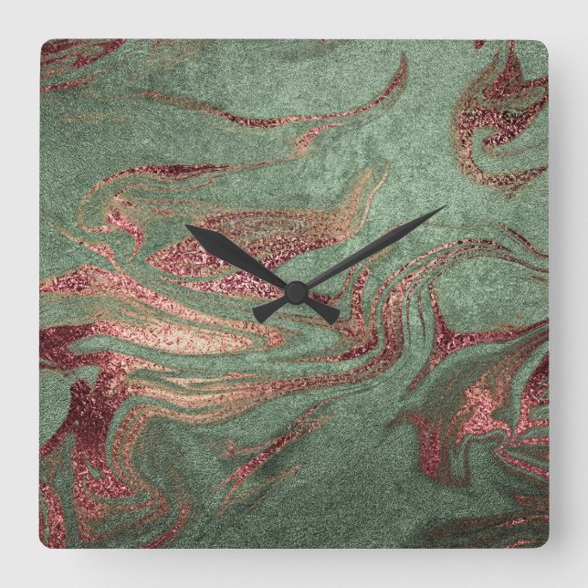 Elegant modern copper rose gold green marble look square wall clock (Front)