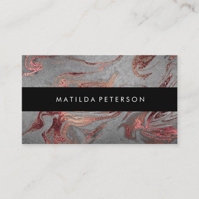 Elegant modern copper rose gold grey marble look business card (Front)
