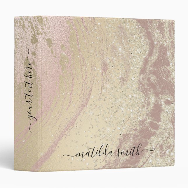 Elegant modern copper rose gold marble glitter 3 ring binder (Front/Spine)