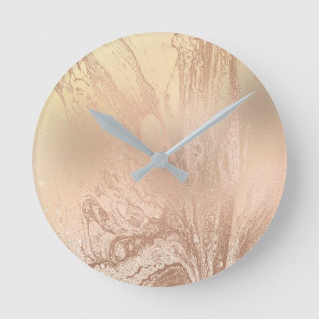 Elegant modern copper rose gold marble glitter round clock (Front)