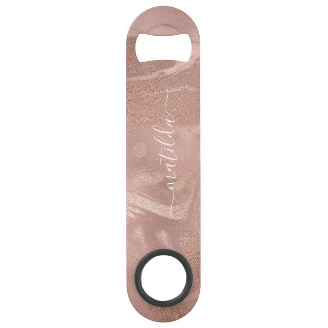 Elegant modern copper rose gold marble look bar key (Front)