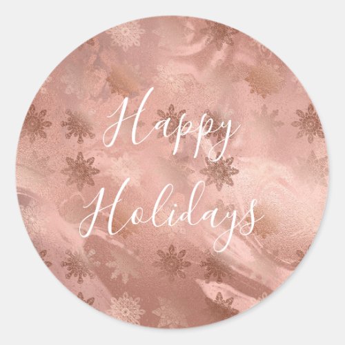Elegant modern copper rose gold marble snowflakes classic round sticker