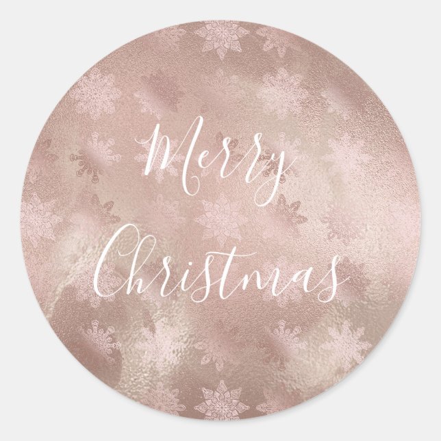Elegant modern copper rose gold marble snowflakes classic round sticker (Front)