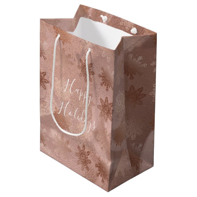 Elegant modern copper rose gold marble snowflakes medium gift bag (Front Angled)