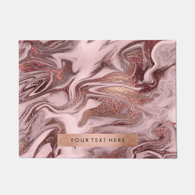 Elegant modern copper rose gold pink marble look doormat (Front)
