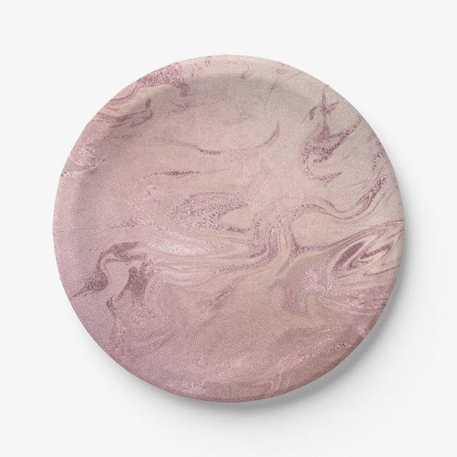 Elegant modern copper rose gold pink marble look paper plates (Front)