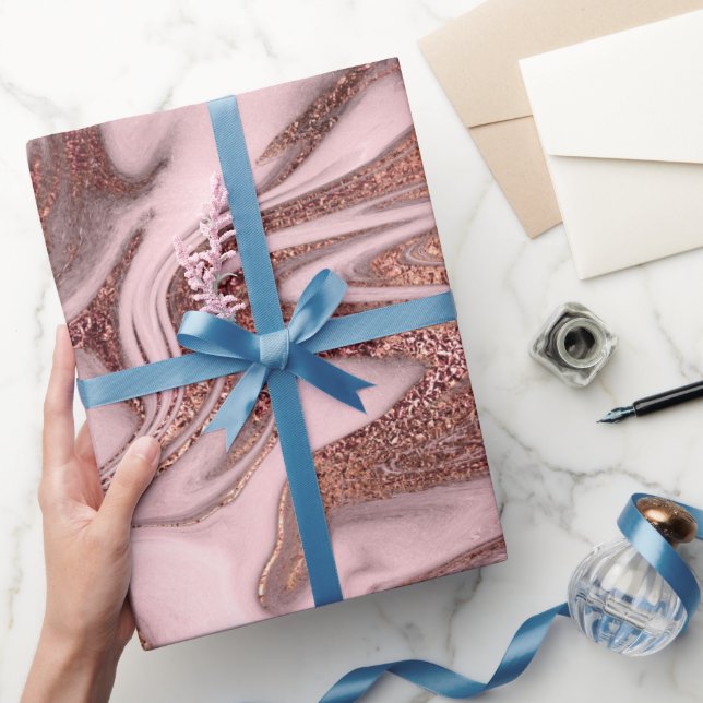 Elegant modern copper rose gold pink marble look wrapping paper (Gifting)