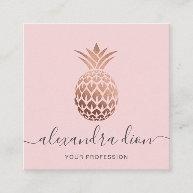 Elegant modern copper rose gold pink pineapple square business card (Front)