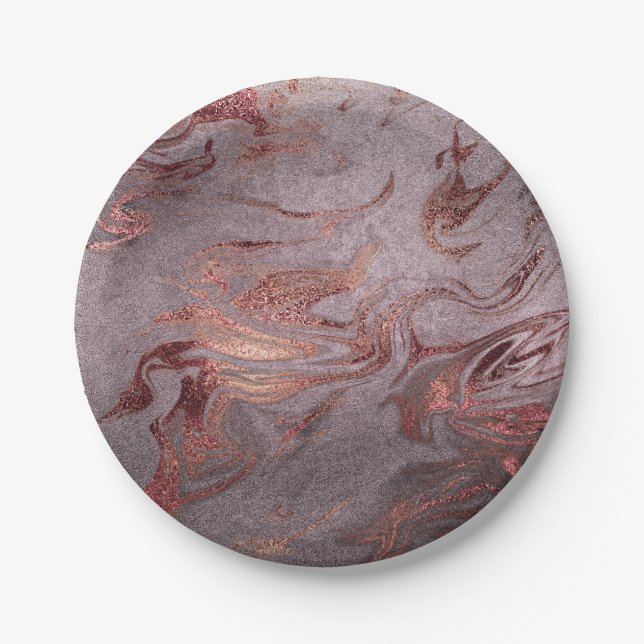 Elegant modern copper rose gold purple marble look paper plates (Front)