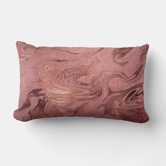 Elegant modern copper rose gold & red marble look lumbar pillow (Front)